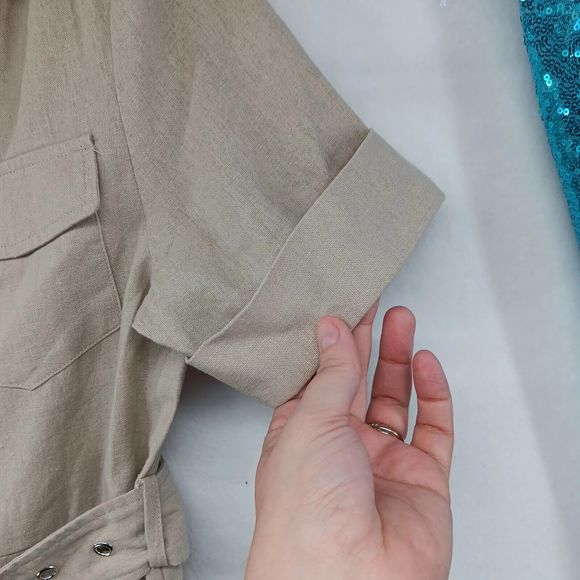 Tahari Linen Explorer Style Button-Up Dress SZ S Belt Pockets Midi Short Sleeve - Picture 7 of 16